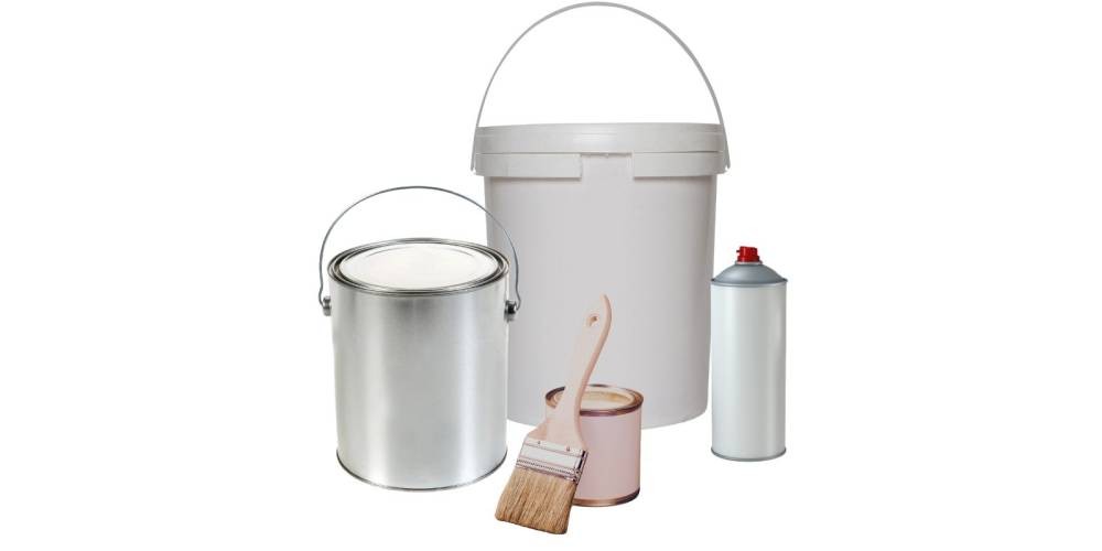 paint bucket, paint cans, and paint spray can