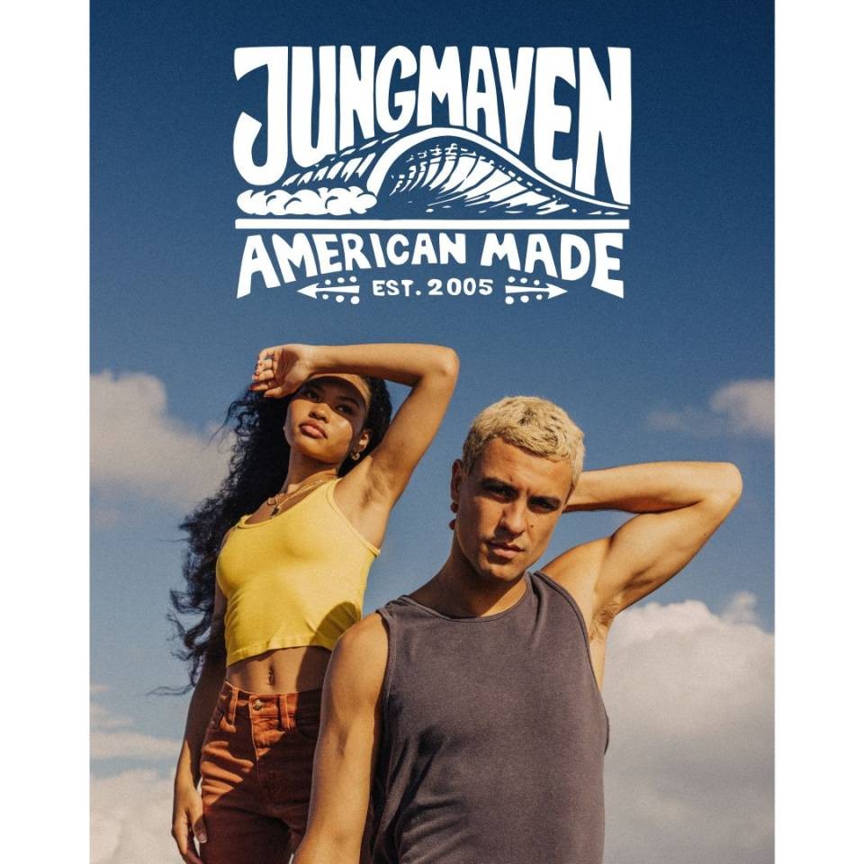 Two models wearing jungmaven clothing