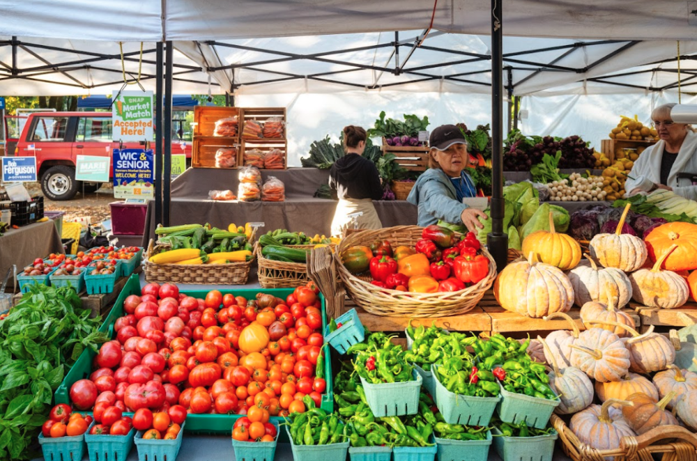 people shopping under a canopy with tables covered with baskets filled with colorful peppers, tomatoes, pumpkins, herbs, squash and other vegetables in the background.